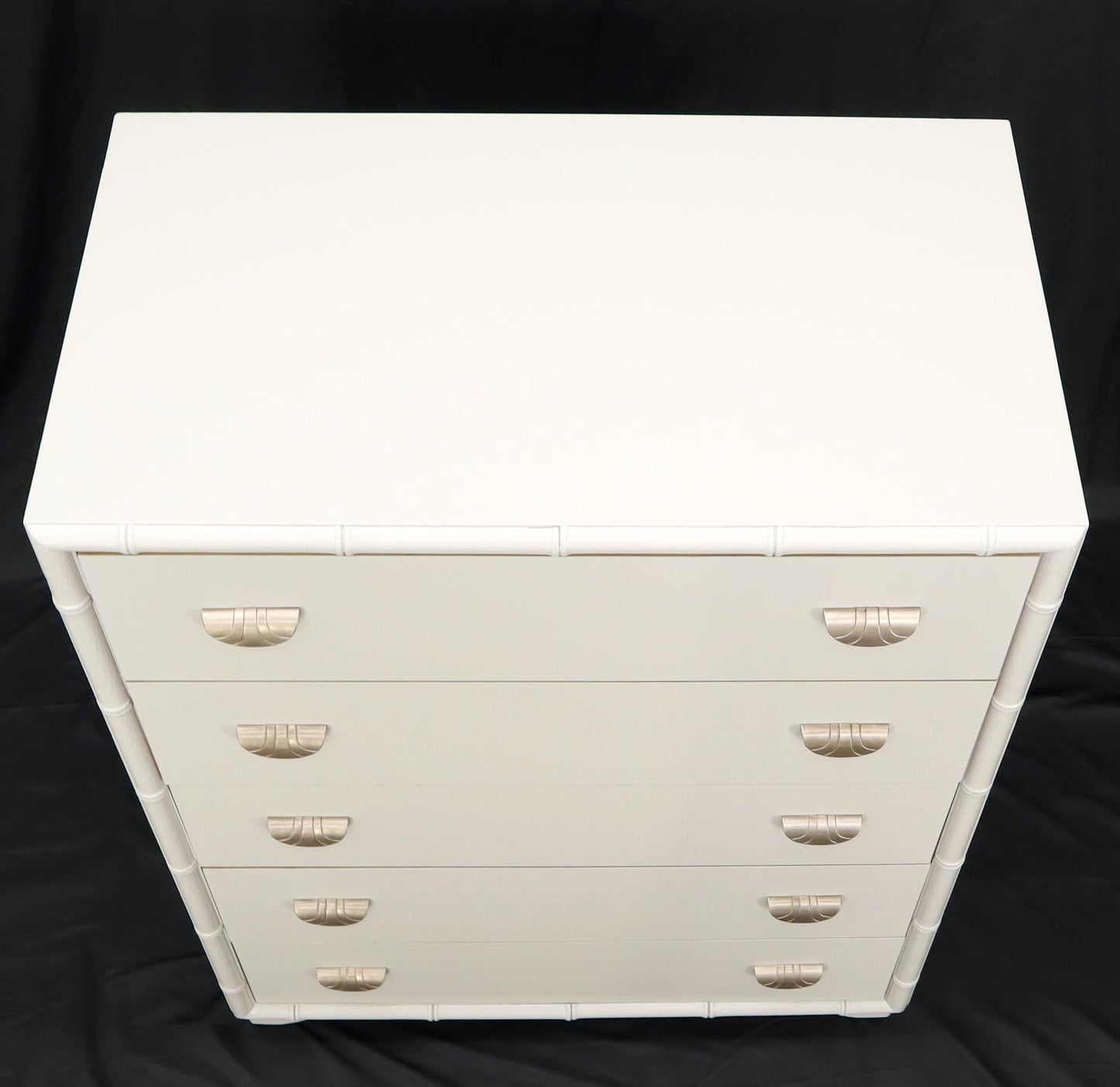 EstablishedLines Faux bamboo off white lacquer scallop shape art deco pulls high chest dresser.