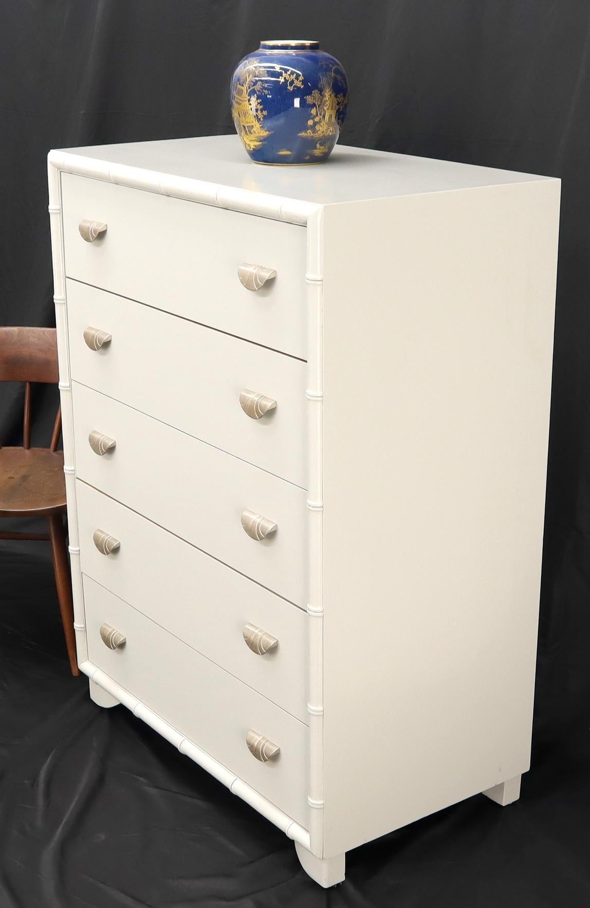 EstablishedLines Faux bamboo off white lacquer scallop shape art deco pulls high chest dresser.