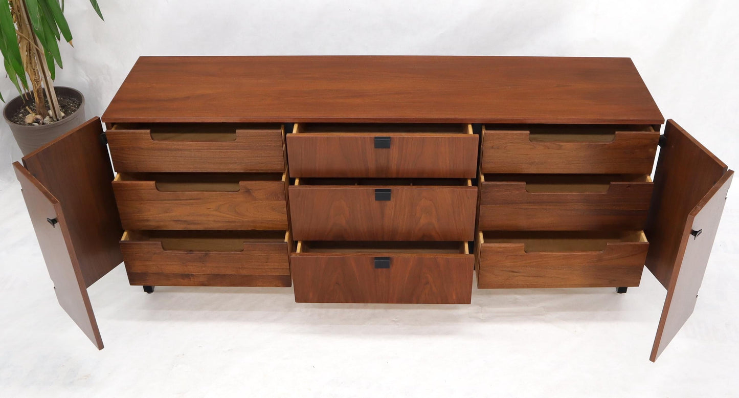 EstablishedLines American Walnut 9 Drawers Two Doors Compartment Long Dresser Credenza Restored