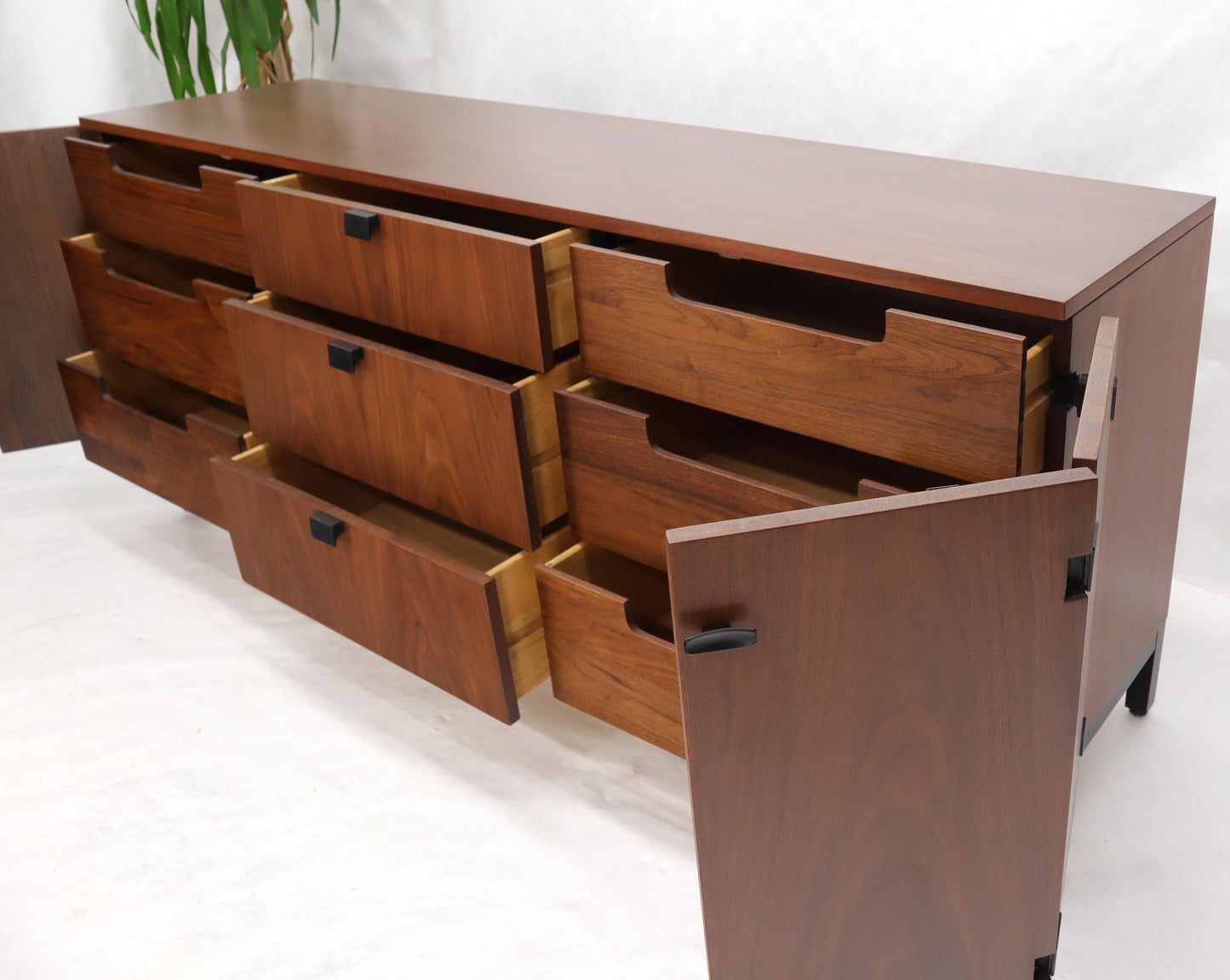 EstablishedLines American Walnut 9 Drawers Two Doors Compartment Long Dresser Credenza Restored