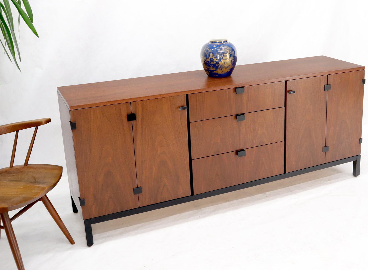 EstablishedLines American Walnut 9 Drawers Two Doors Compartment Long Dresser Credenza Restored