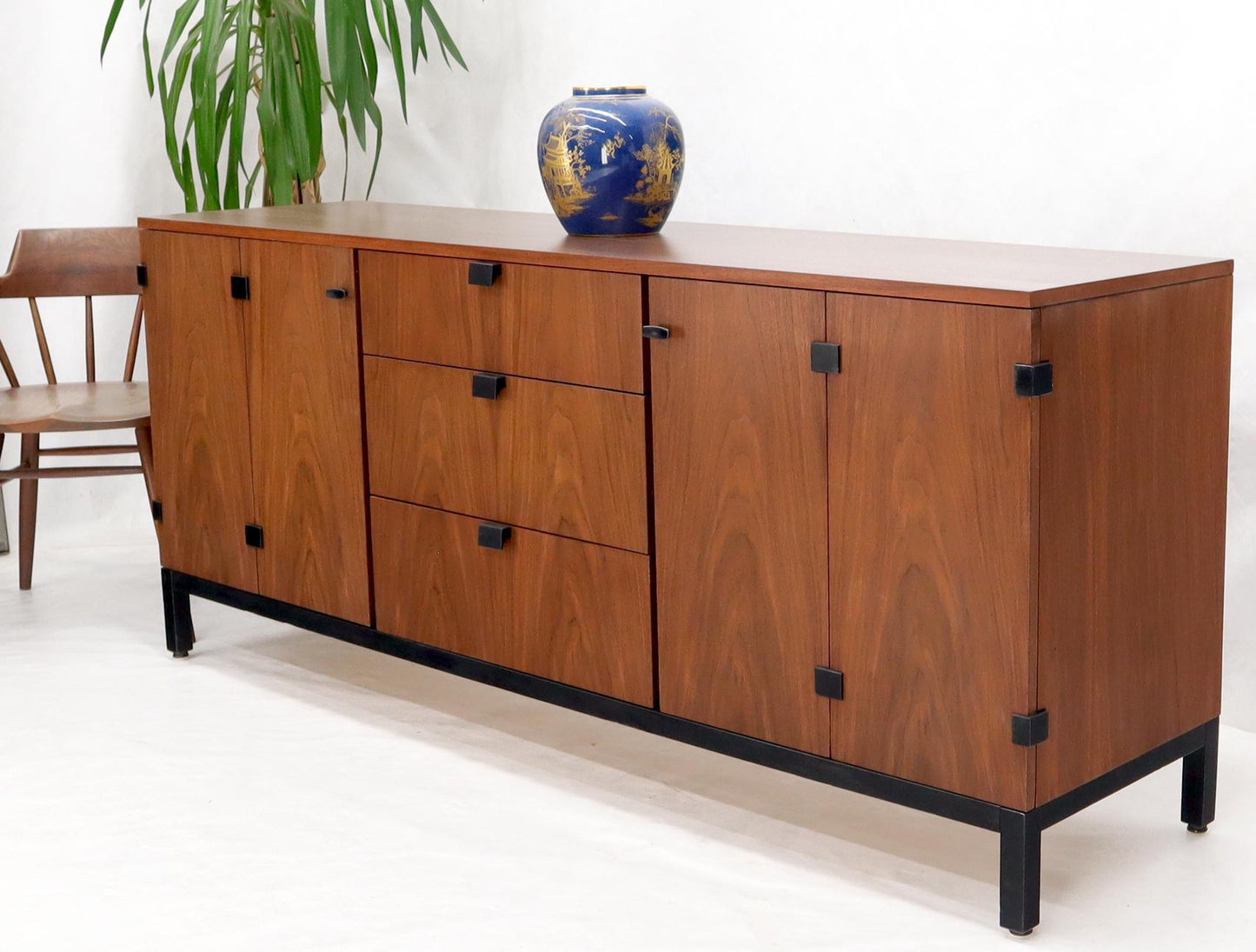 EstablishedLines American Walnut 9 Drawers Two Doors Compartment Long Dresser Credenza Restored