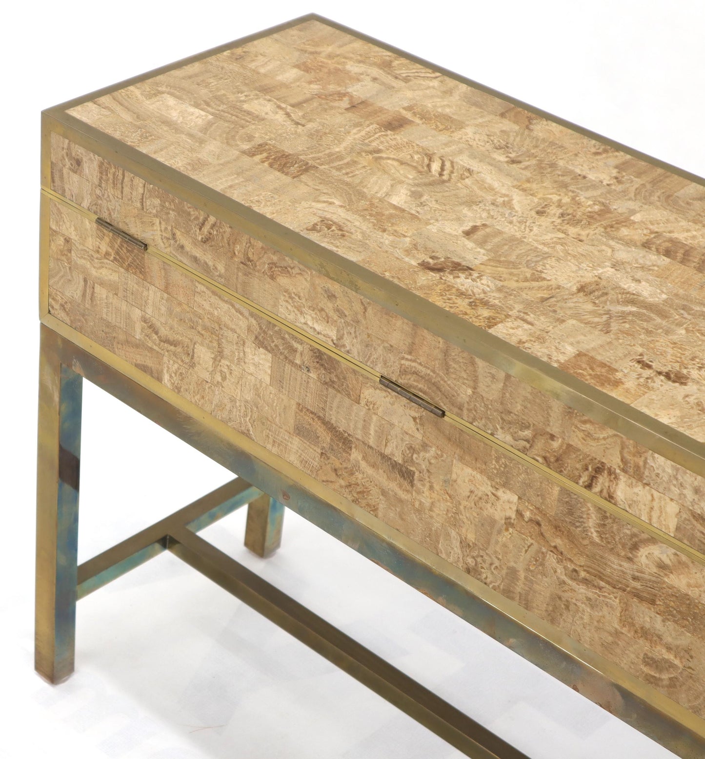 EstablishedLines Tessellated Stone Brass Frame Base Treasure Chest Trunk Box Console End Table