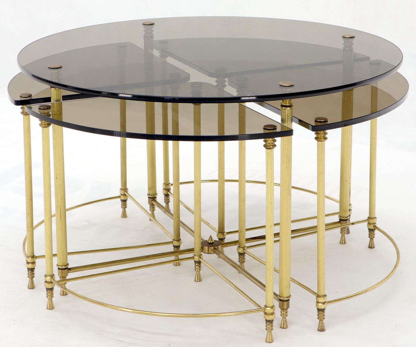 EstablishedLines Circular Round Smoked Glass Brass Legs Nesting Coffee Table