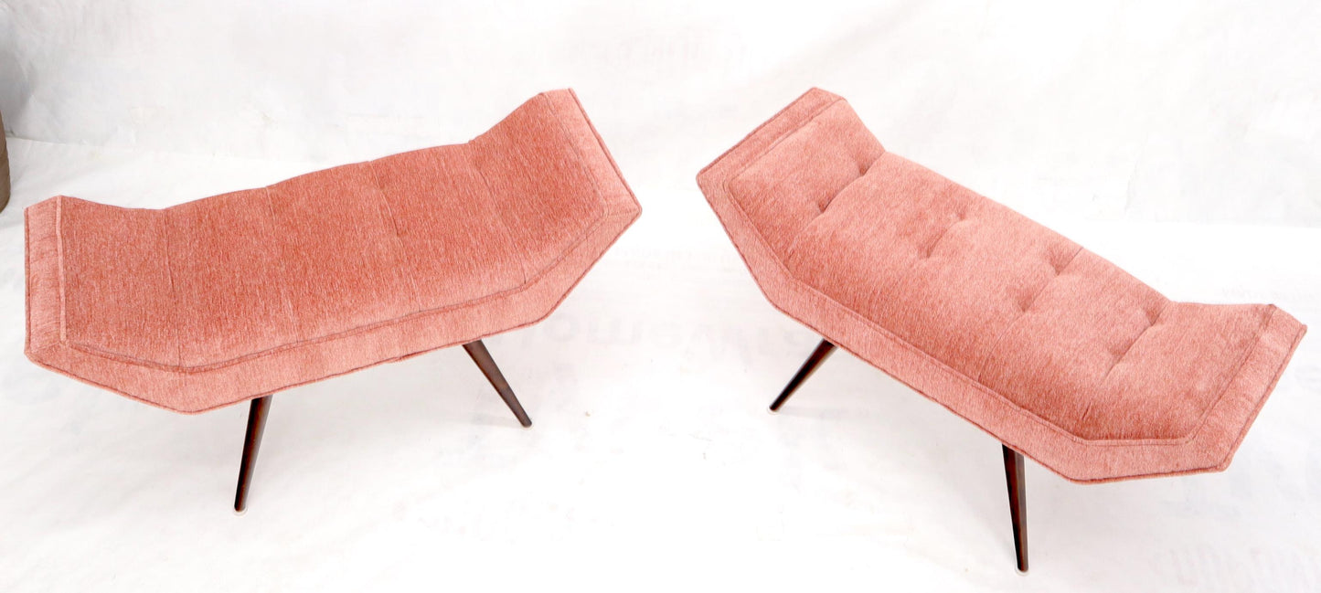 EstablishedLines Pair of Mid-Century Modern Pink Velvet Upholstery Dowel Legs Benches