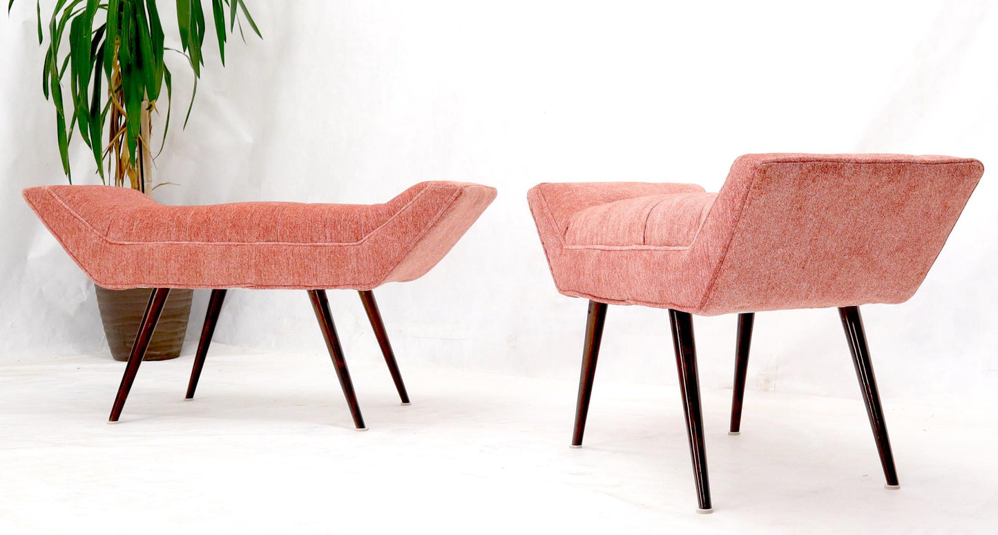 EstablishedLines Pair of Mid-Century Modern Pink Velvet Upholstery Dowel Legs Benches