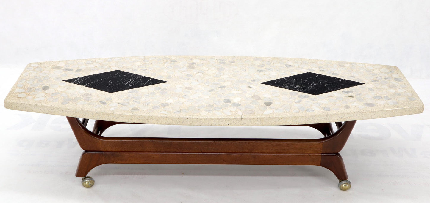 EstablishedLines Terrazzo Stone Inlay Boat Shape Oiled Walnut Base Coffee Table