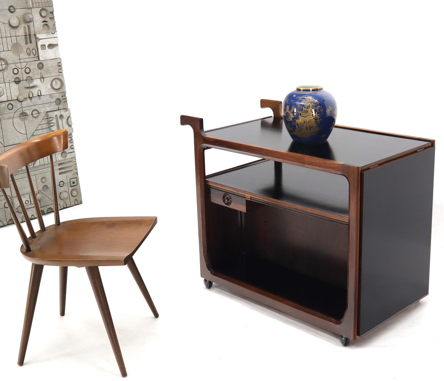 EstablishedLines Multifunctional Danish Rosewood Drop Leaf Bar Tea Cart Mid-Century Modern