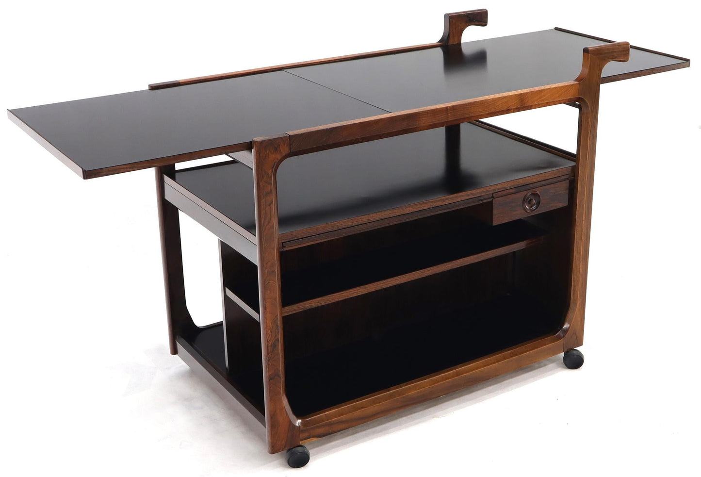 EstablishedLines Multifunctional Danish Rosewood Drop Leaf Bar Tea Cart Mid-Century Modern