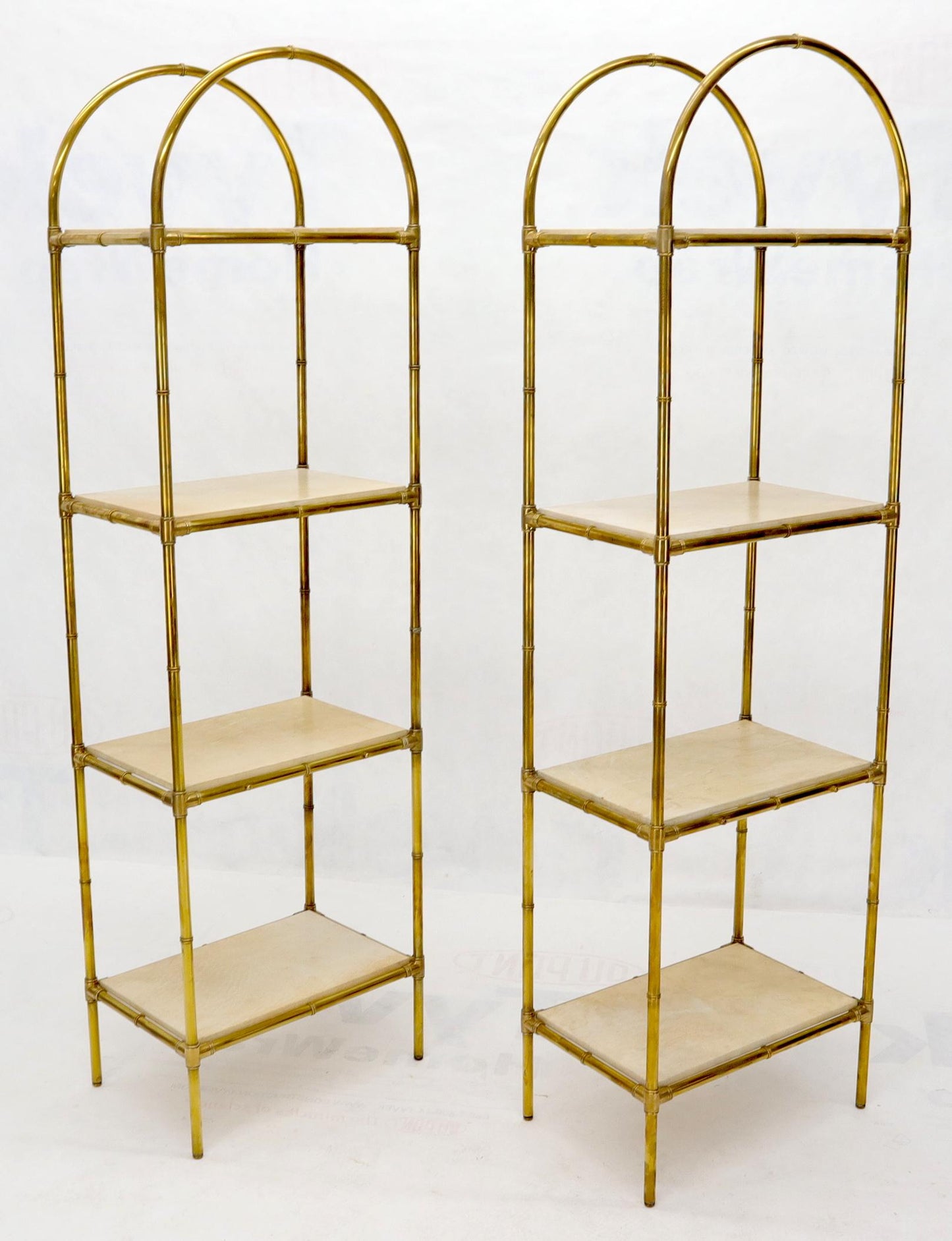 EstablishedLines Pair Solid Brass Faux Bamboo Arch Shape Top Goat Skin Parchment Shelves Etageres