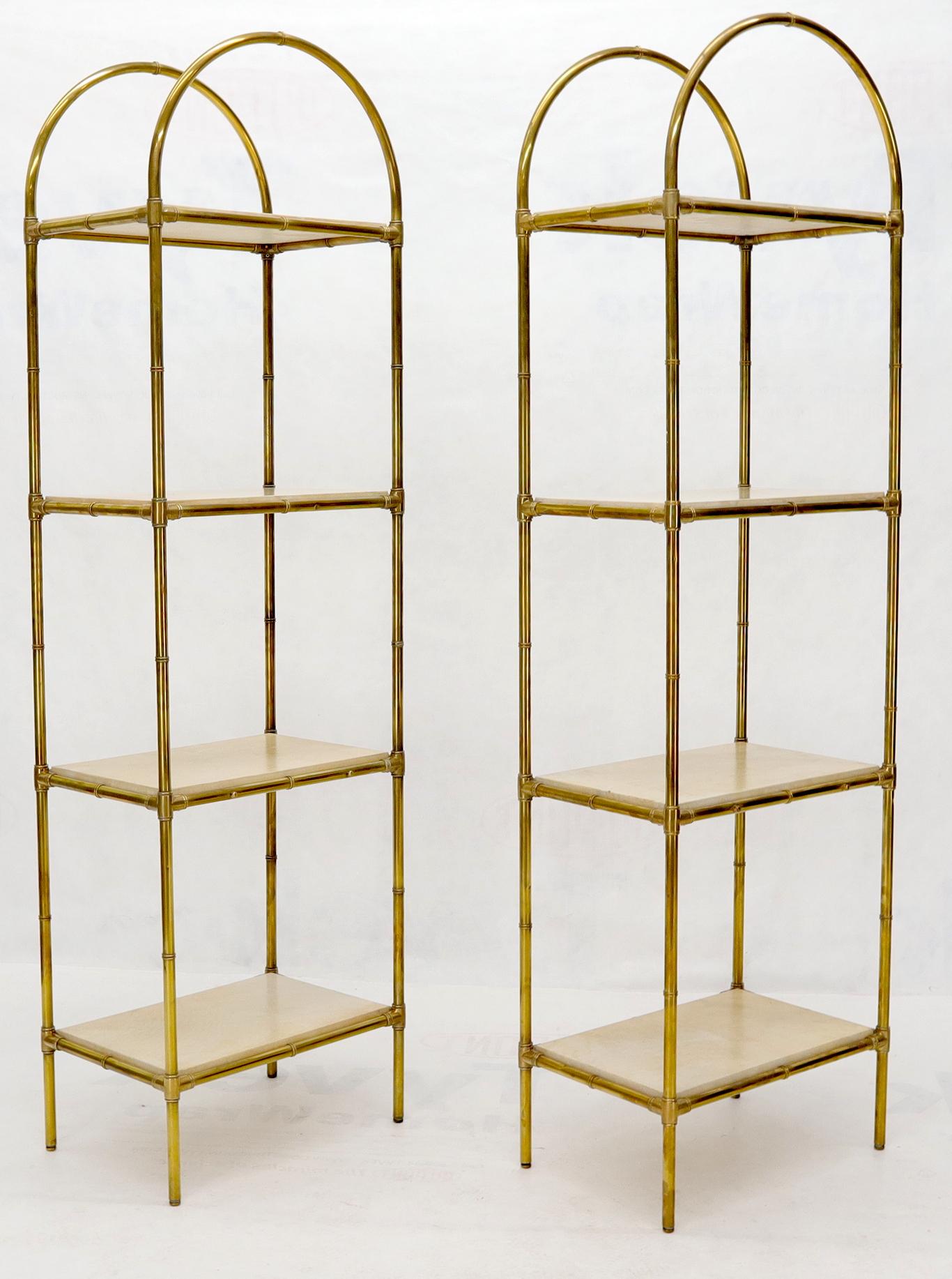EstablishedLines Pair Solid Brass Faux Bamboo Arch Shape Top Goat Skin Parchment Shelves Etageres