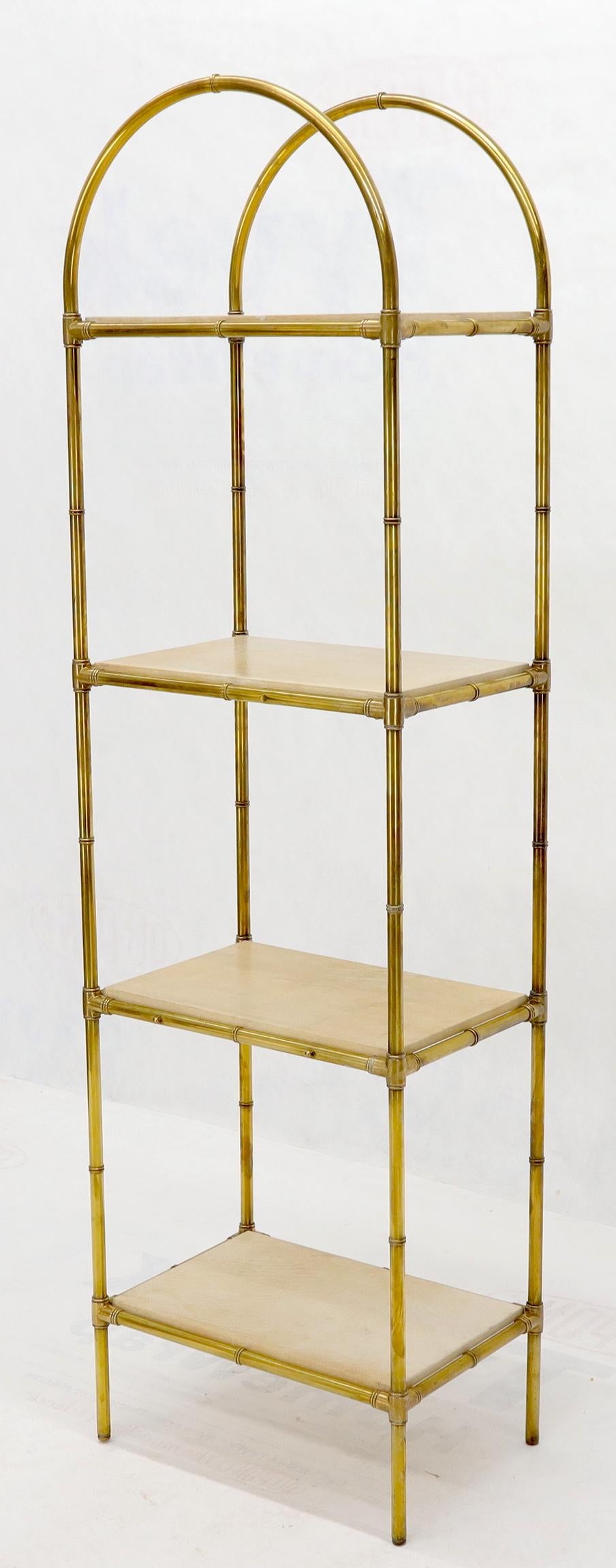 EstablishedLines Pair Solid Brass Faux Bamboo Arch Shape Top Goat Skin Parchment Shelves Etageres