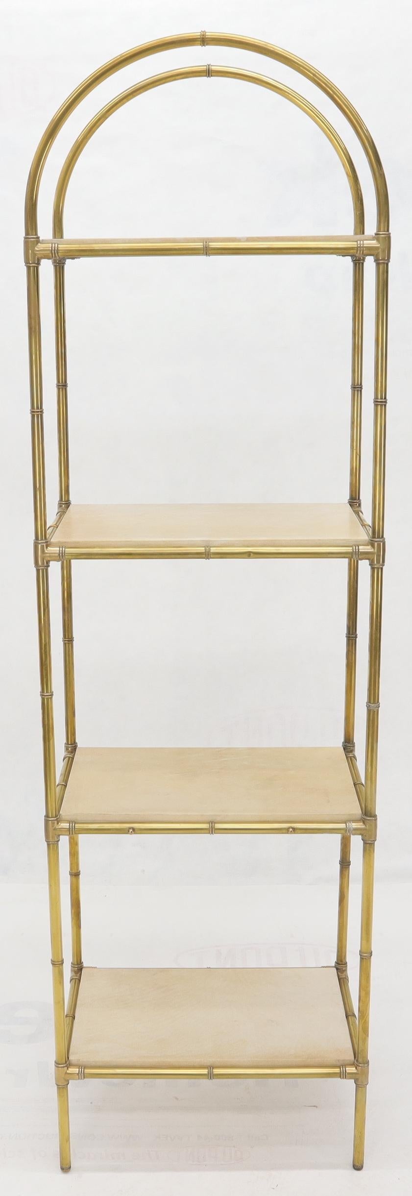 EstablishedLines Pair Solid Brass Faux Bamboo Arch Shape Top Goat Skin Parchment Shelves Etageres