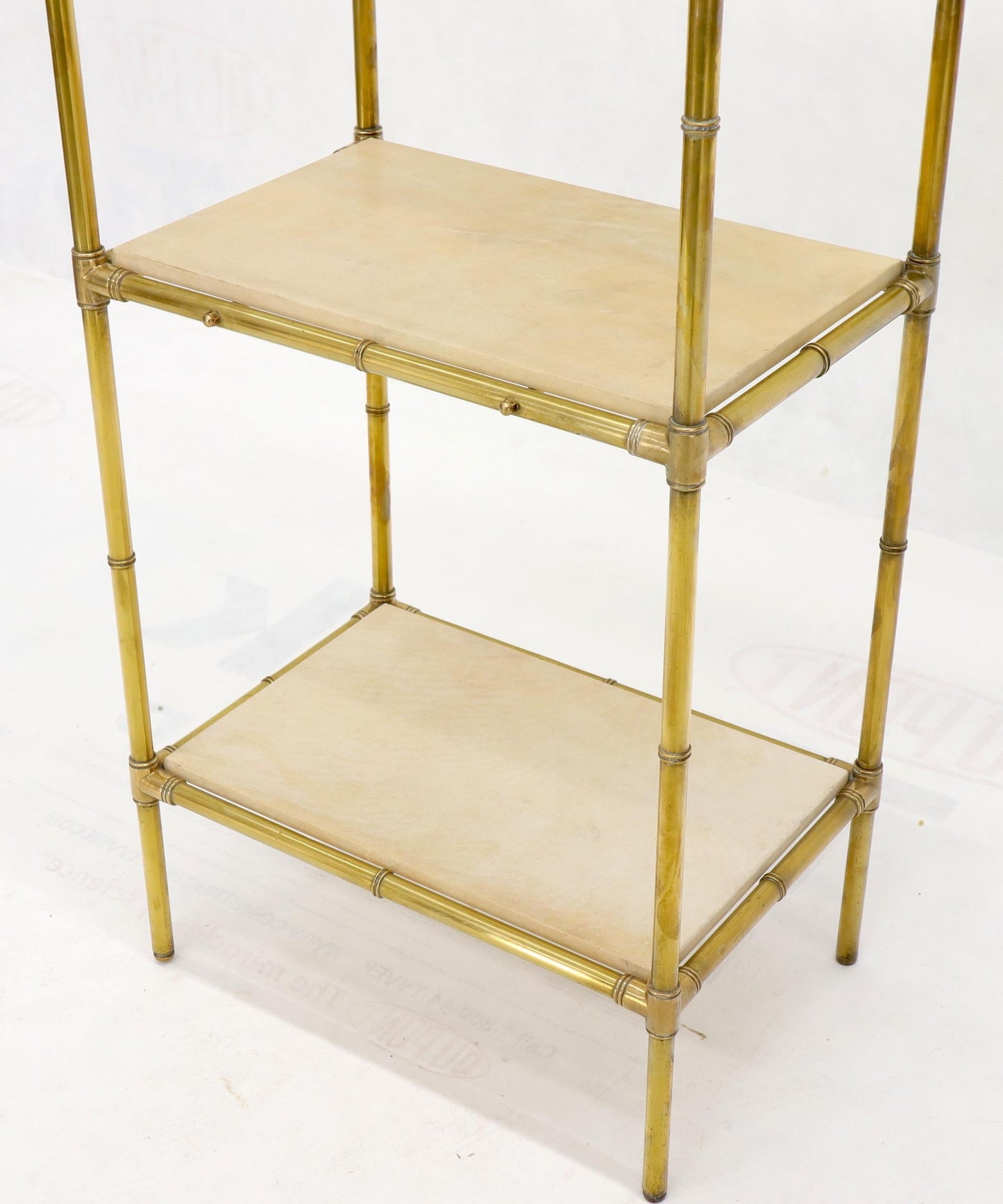 EstablishedLines Pair Solid Brass Faux Bamboo Arch Shape Top Goat Skin Parchment Shelves Etageres