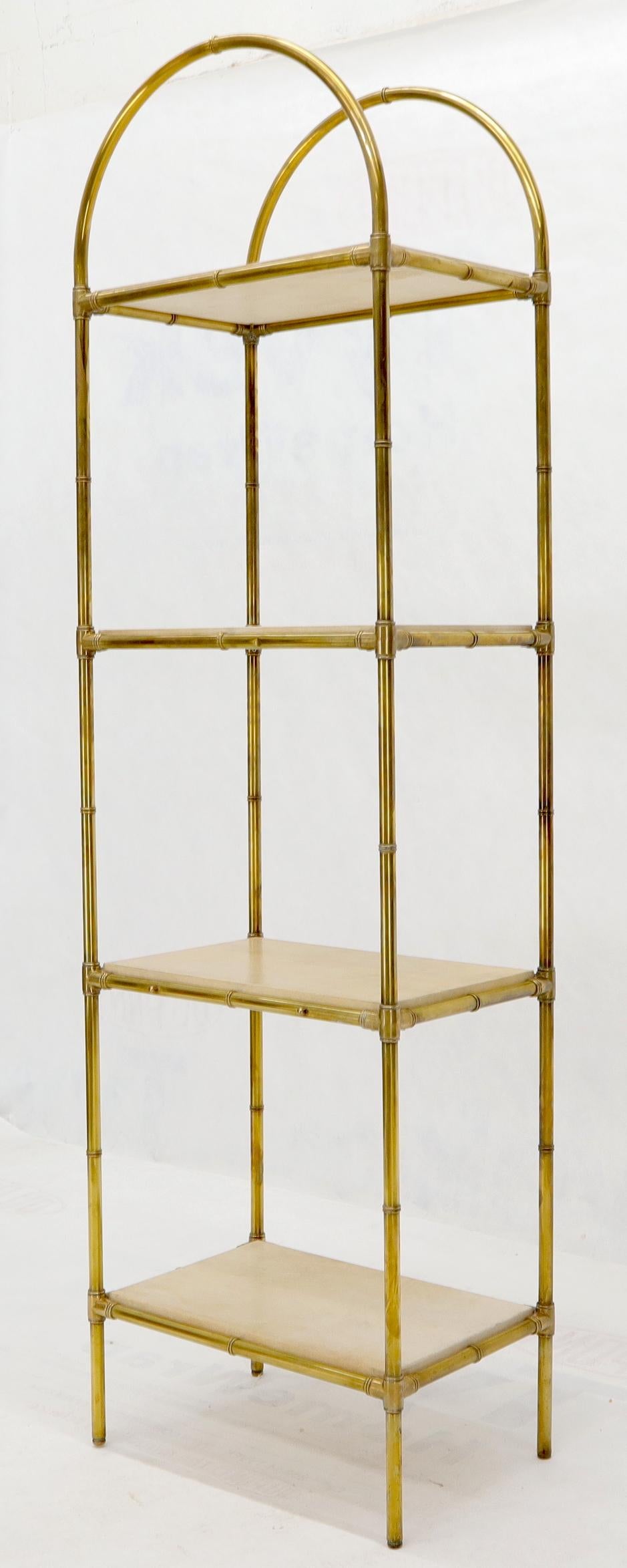 EstablishedLines Pair Solid Brass Faux Bamboo Arch Shape Top Goat Skin Parchment Shelves Etageres