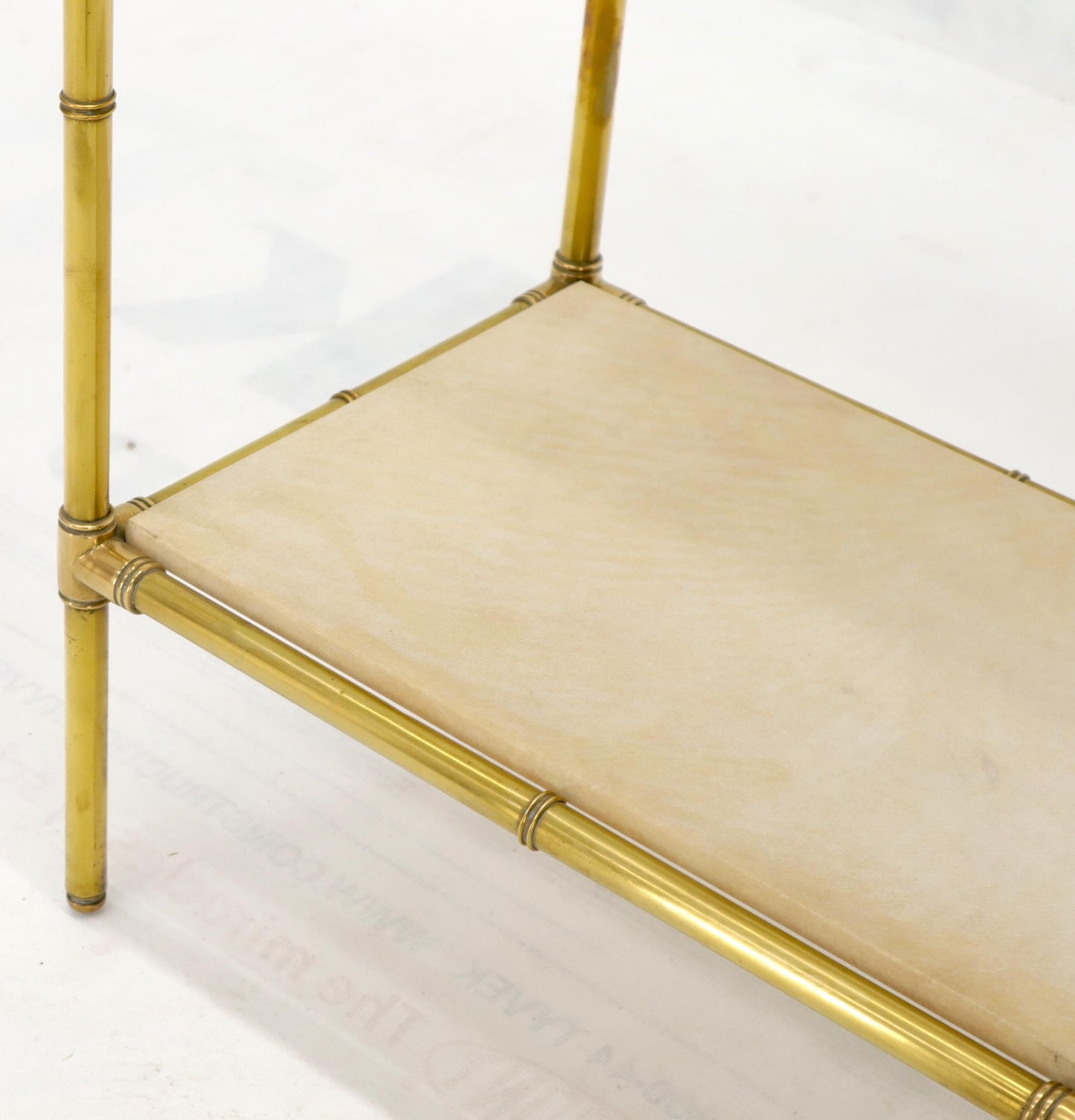 EstablishedLines Pair Solid Brass Faux Bamboo Arch Shape Top Goat Skin Parchment Shelves Etageres