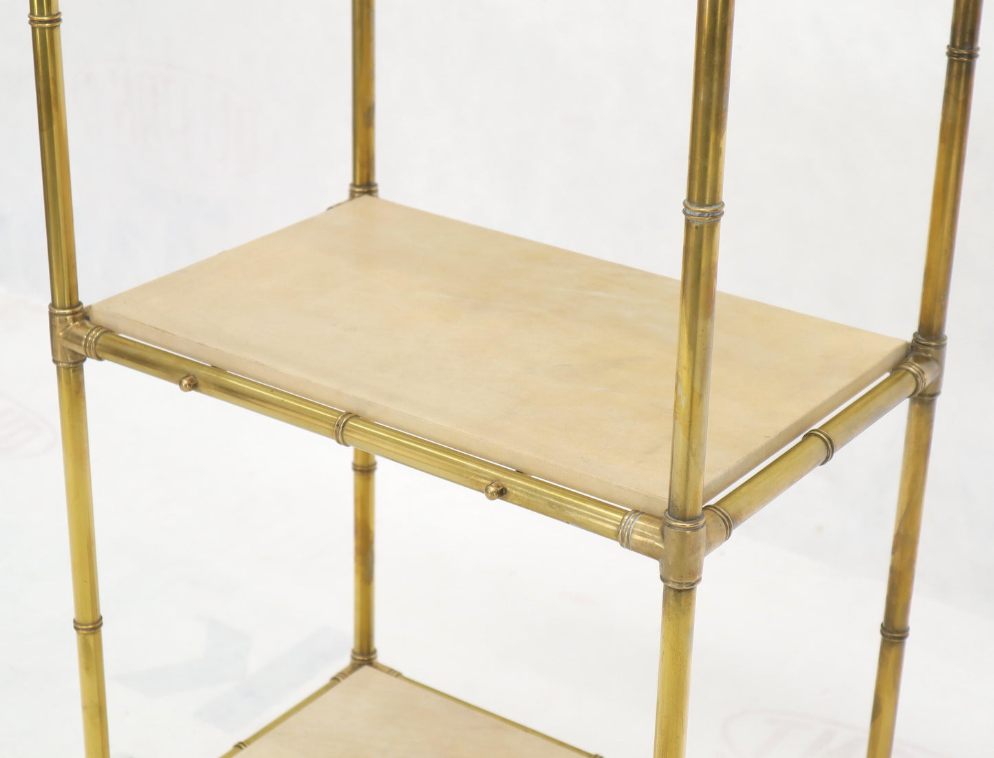 EstablishedLines Pair Solid Brass Faux Bamboo Arch Shape Top Goat Skin Parchment Shelves Etageres