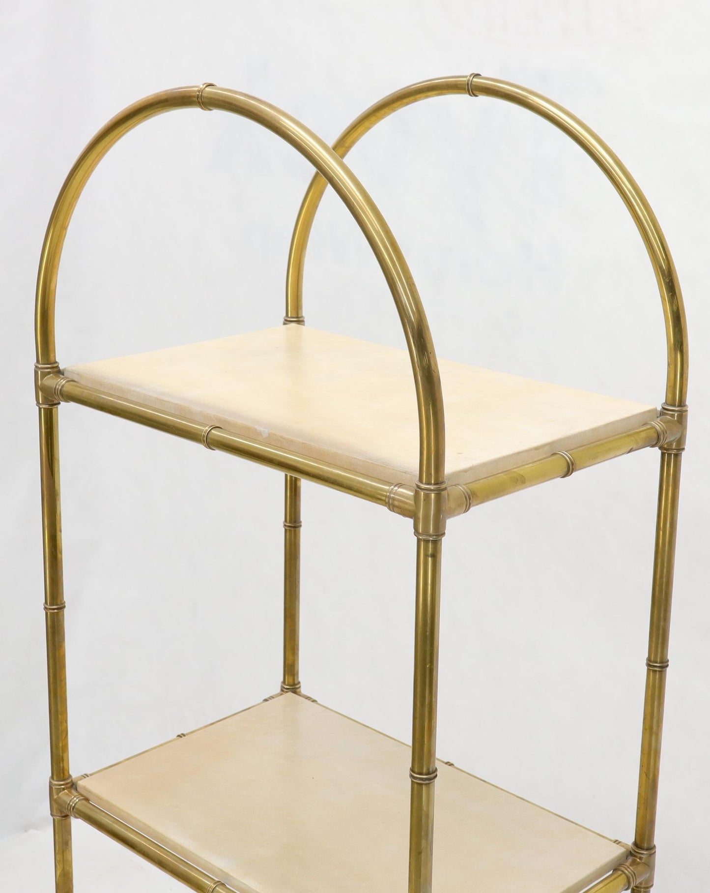 EstablishedLines Pair Solid Brass Faux Bamboo Arch Shape Top Goat Skin Parchment Shelves Etageres