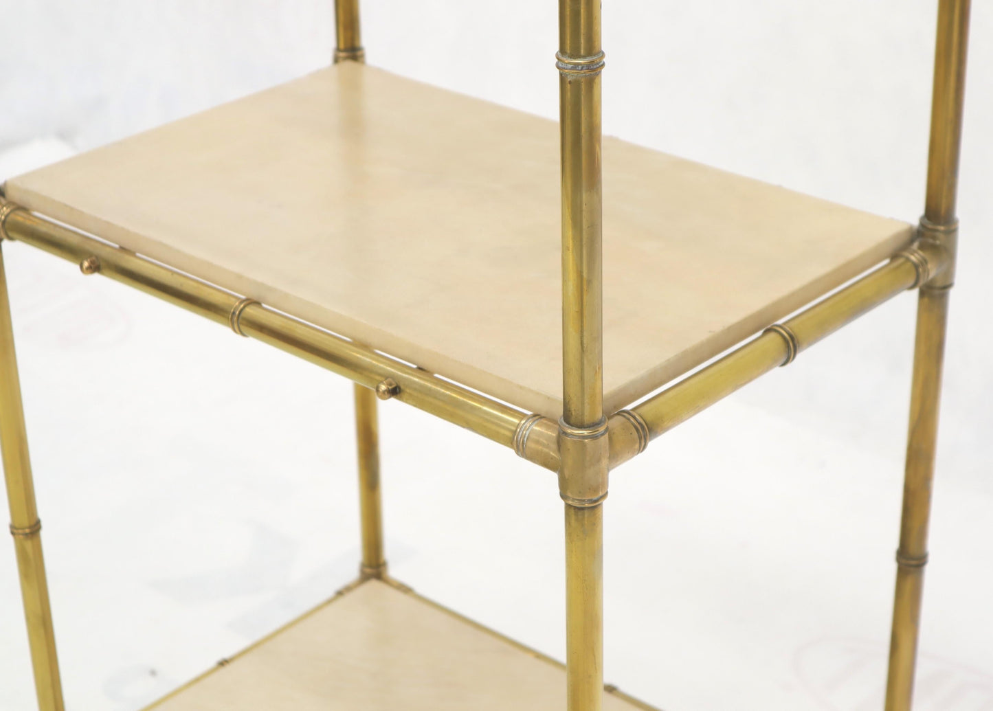 EstablishedLines Pair Solid Brass Faux Bamboo Arch Shape Top Goat Skin Parchment Shelves Etageres