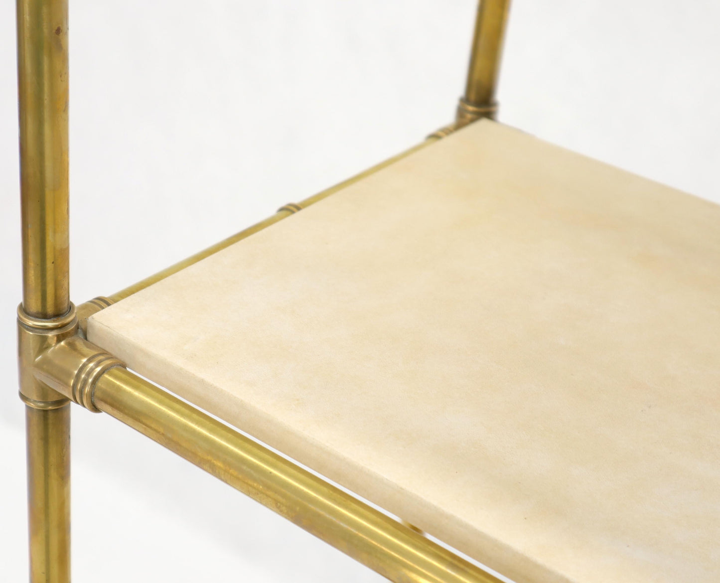EstablishedLines Pair Solid Brass Faux Bamboo Arch Shape Top Goat Skin Parchment Shelves Etageres