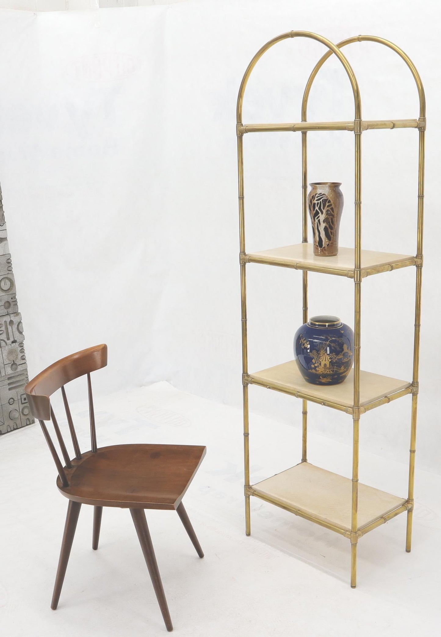 EstablishedLines Pair Solid Brass Faux Bamboo Arch Shape Top Goat Skin Parchment Shelves Etageres