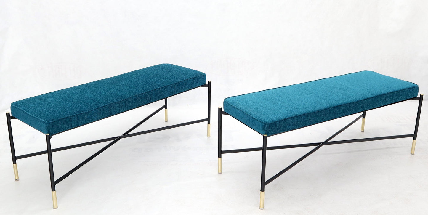EstablishedLines Pair of Italian Mid-Century Modern New Blue Upholstery X-Stretchers Benches
