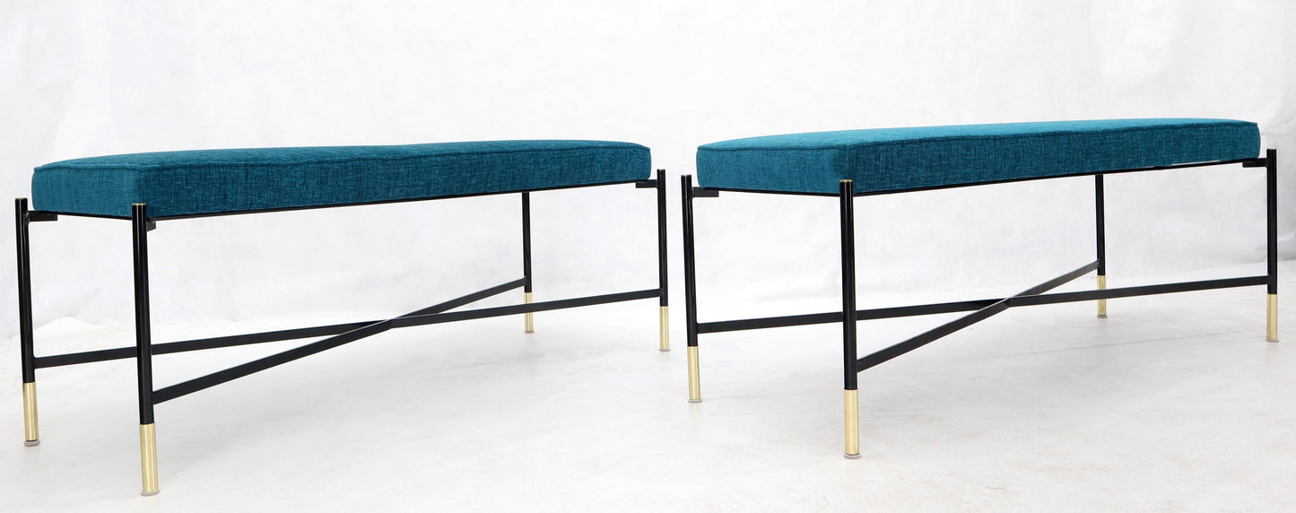 EstablishedLines Pair of Italian Mid-Century Modern New Blue Upholstery X-Stretchers Benches