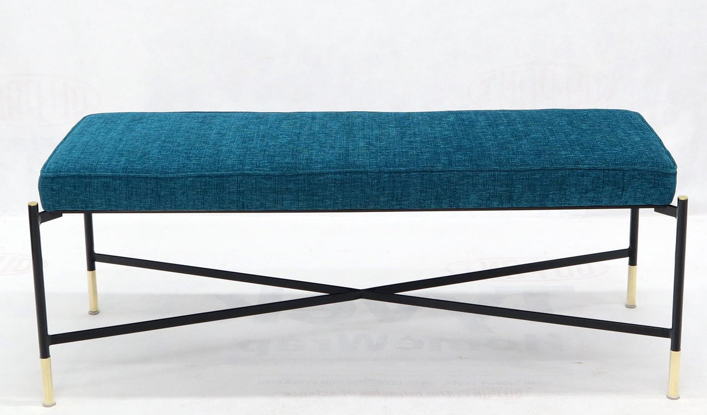 EstablishedLines Pair of Italian Mid-Century Modern New Blue Upholstery X-Stretchers Benches