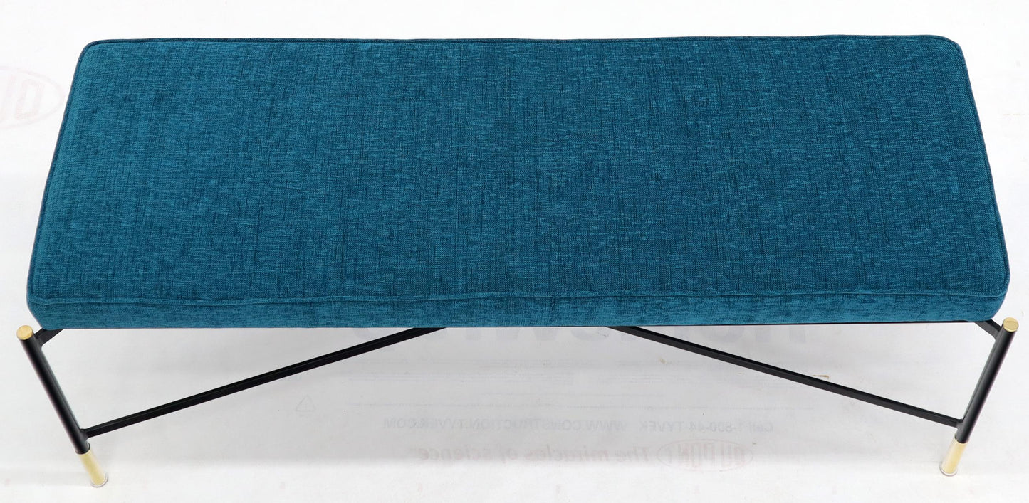 EstablishedLines Pair of Italian Mid-Century Modern New Blue Upholstery X-Stretchers Benches