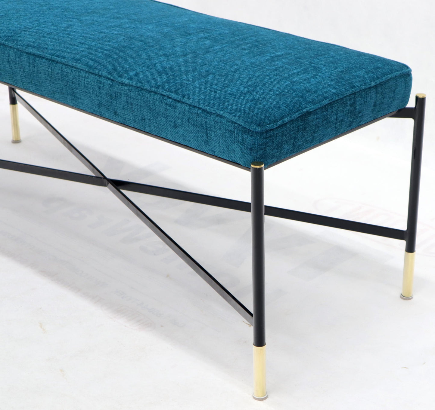 EstablishedLines Pair of Italian Mid-Century Modern New Blue Upholstery X-Stretchers Benches