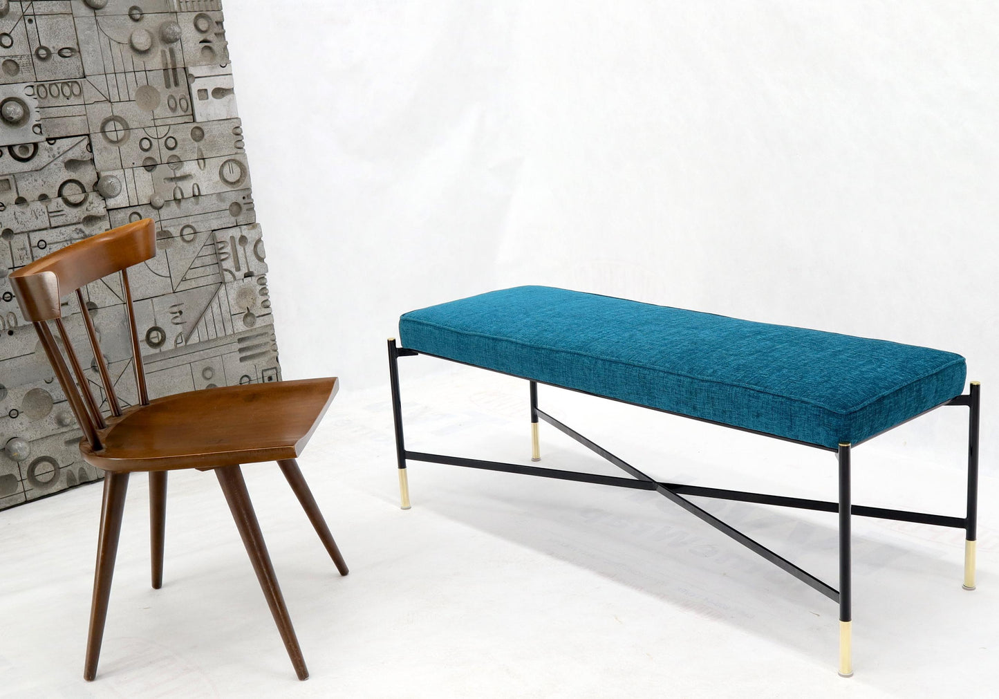 EstablishedLines Pair of Italian Mid-Century Modern New Blue Upholstery X-Stretchers Benches