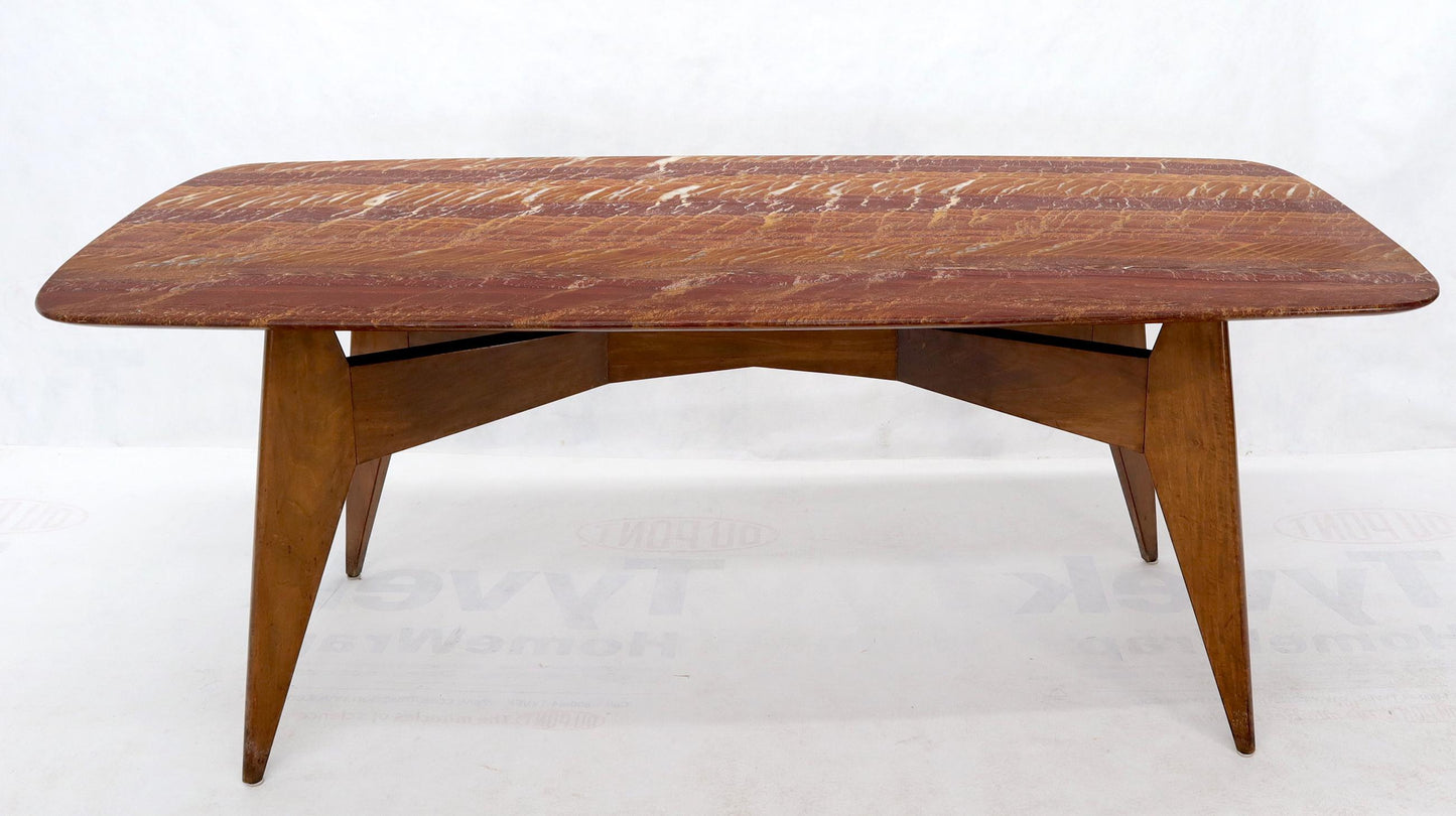 EstablishedLines Rouge Boat Shape Marble Top Dining Table on Compass Shape Solid Walnut Legs