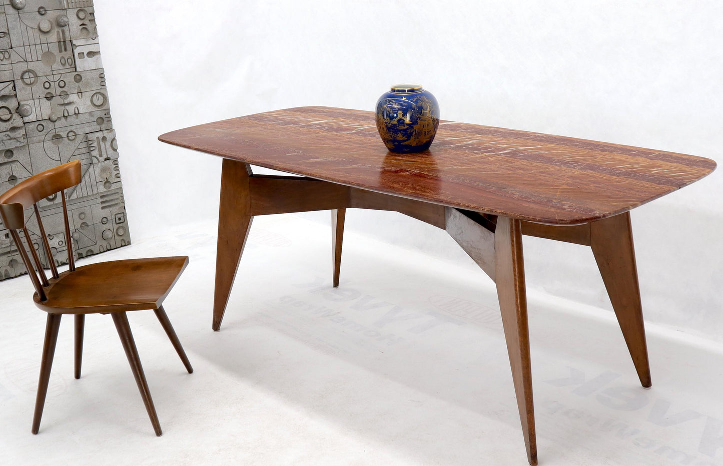 EstablishedLines Rouge Boat Shape Marble Top Dining Table on Compass Shape Solid Walnut Legs