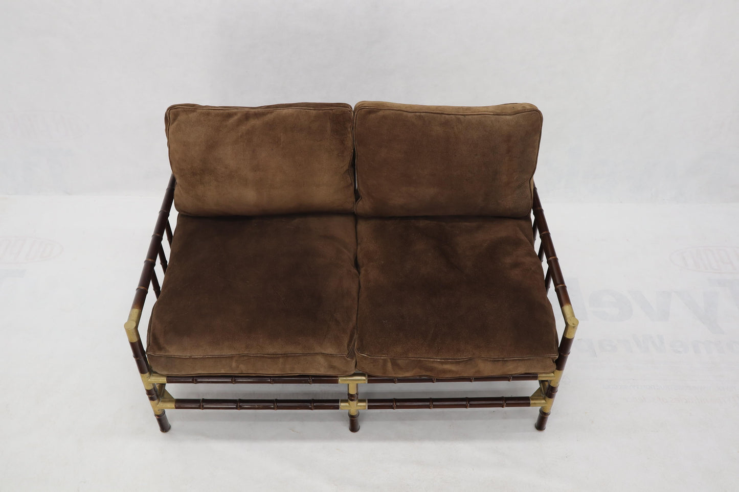 EstablishedLines Brown Suede Upholstery Faux Bamboo Italian Mid-Century Modern Settee Loveseat