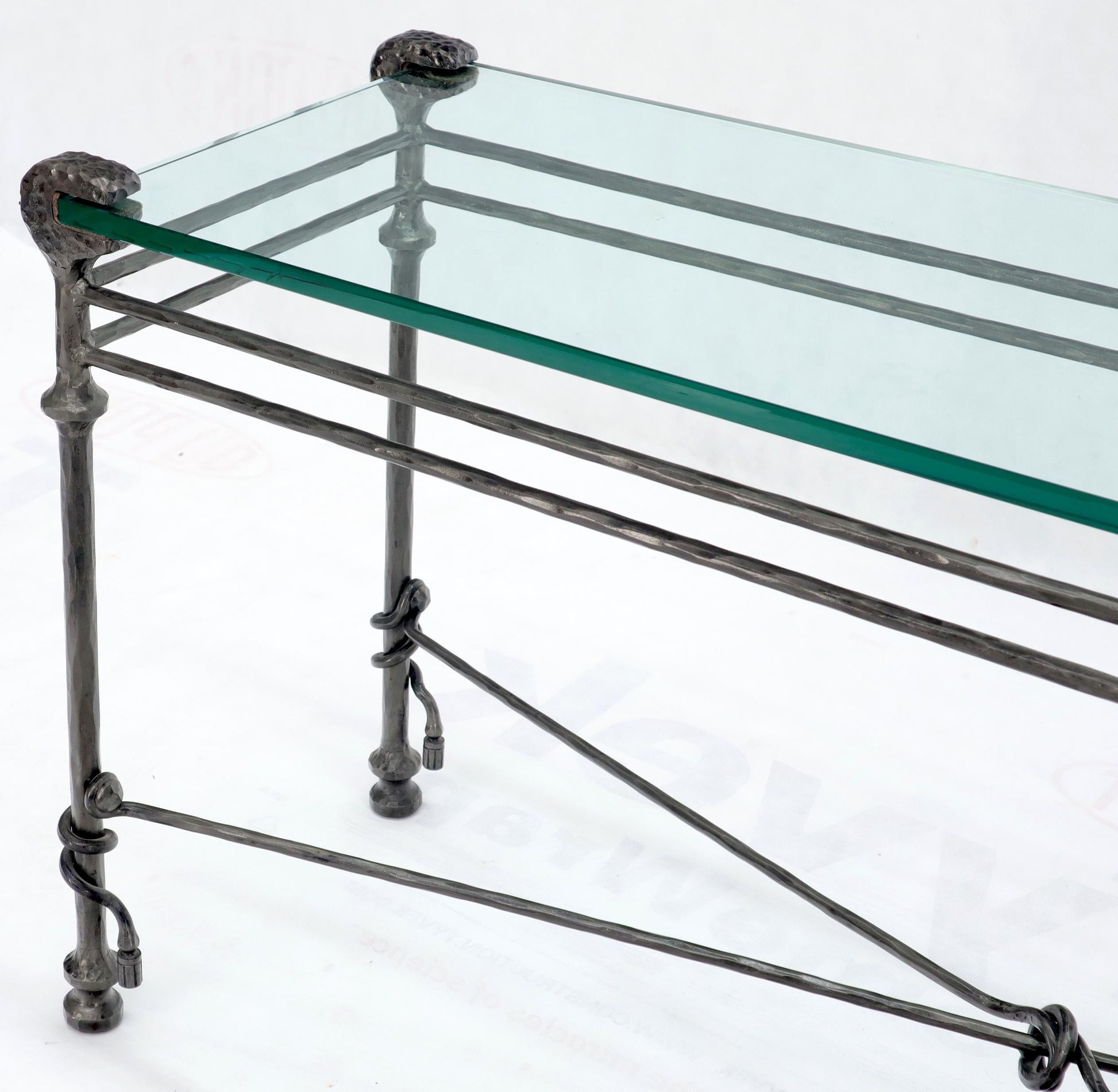 EstablishedLines Hammered Forged Metal Wrought Iron Base 3/4" Glass Top Console Table Giacometti