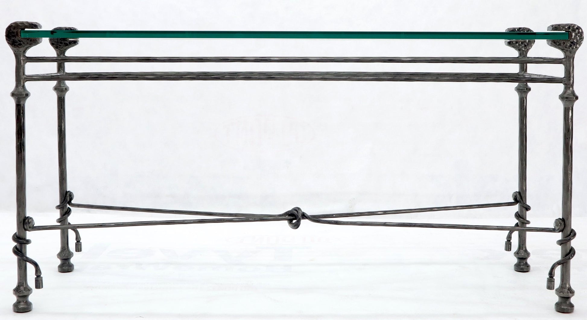 EstablishedLines Hammered Forged Metal Wrought Iron Base 3/4" Glass Top Console Table Giacometti