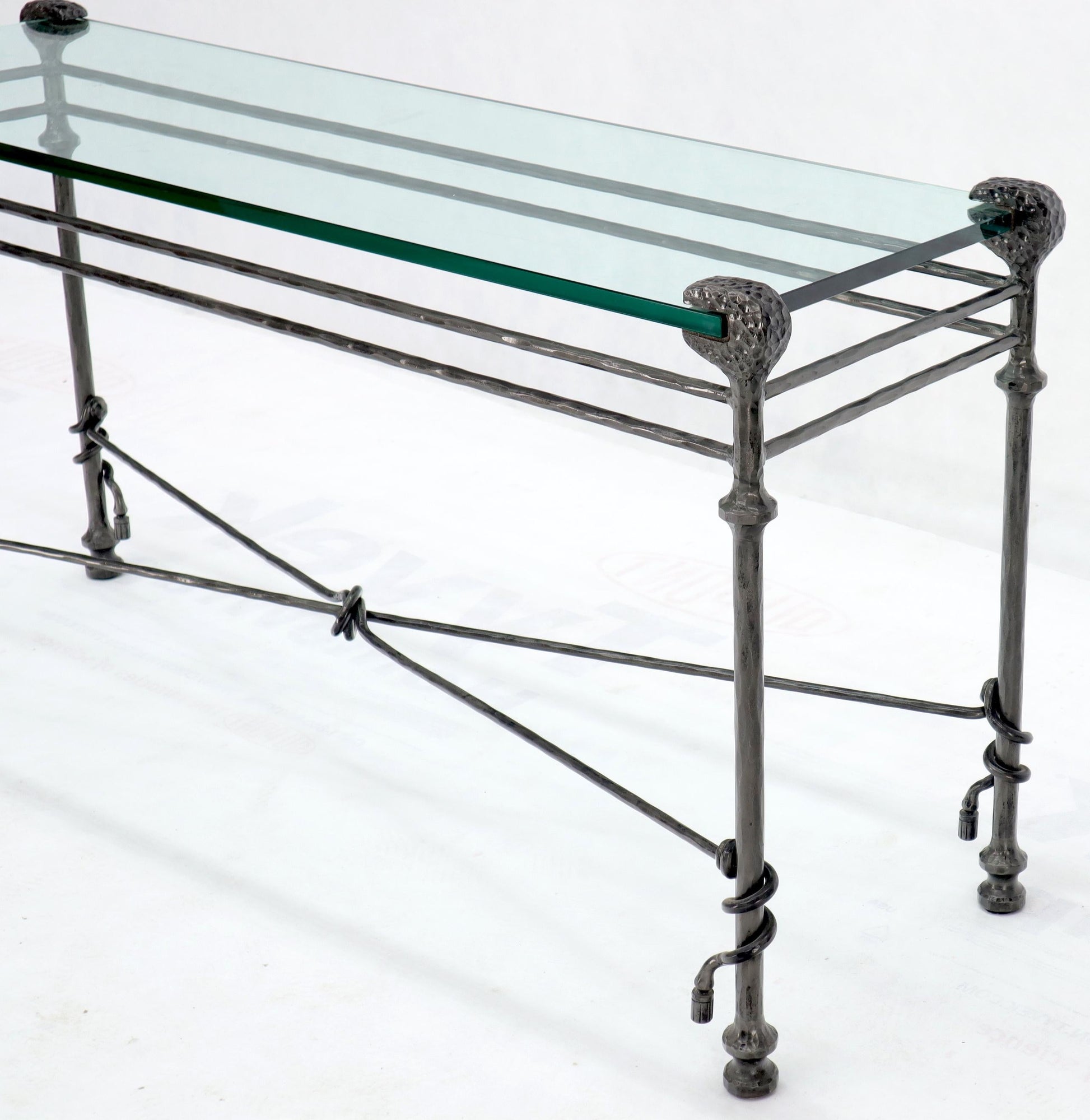 EstablishedLines Hammered Forged Metal Wrought Iron Base 3/4" Glass Top Console Table Giacometti