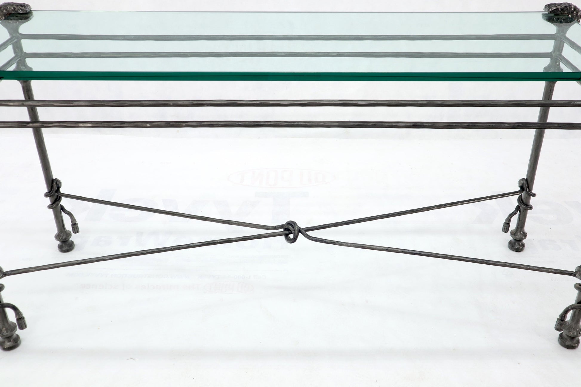 EstablishedLines Hammered Forged Metal Wrought Iron Base 3/4" Glass Top Console Table Giacometti