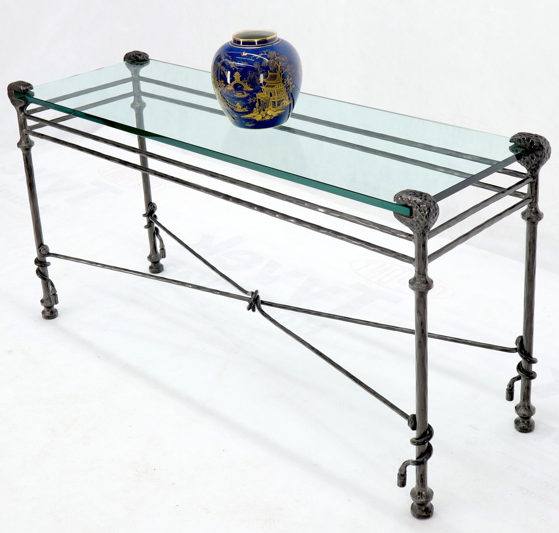 EstablishedLines Hammered Forged Metal Wrought Iron Base 3/4" Glass Top Console Table Giacometti