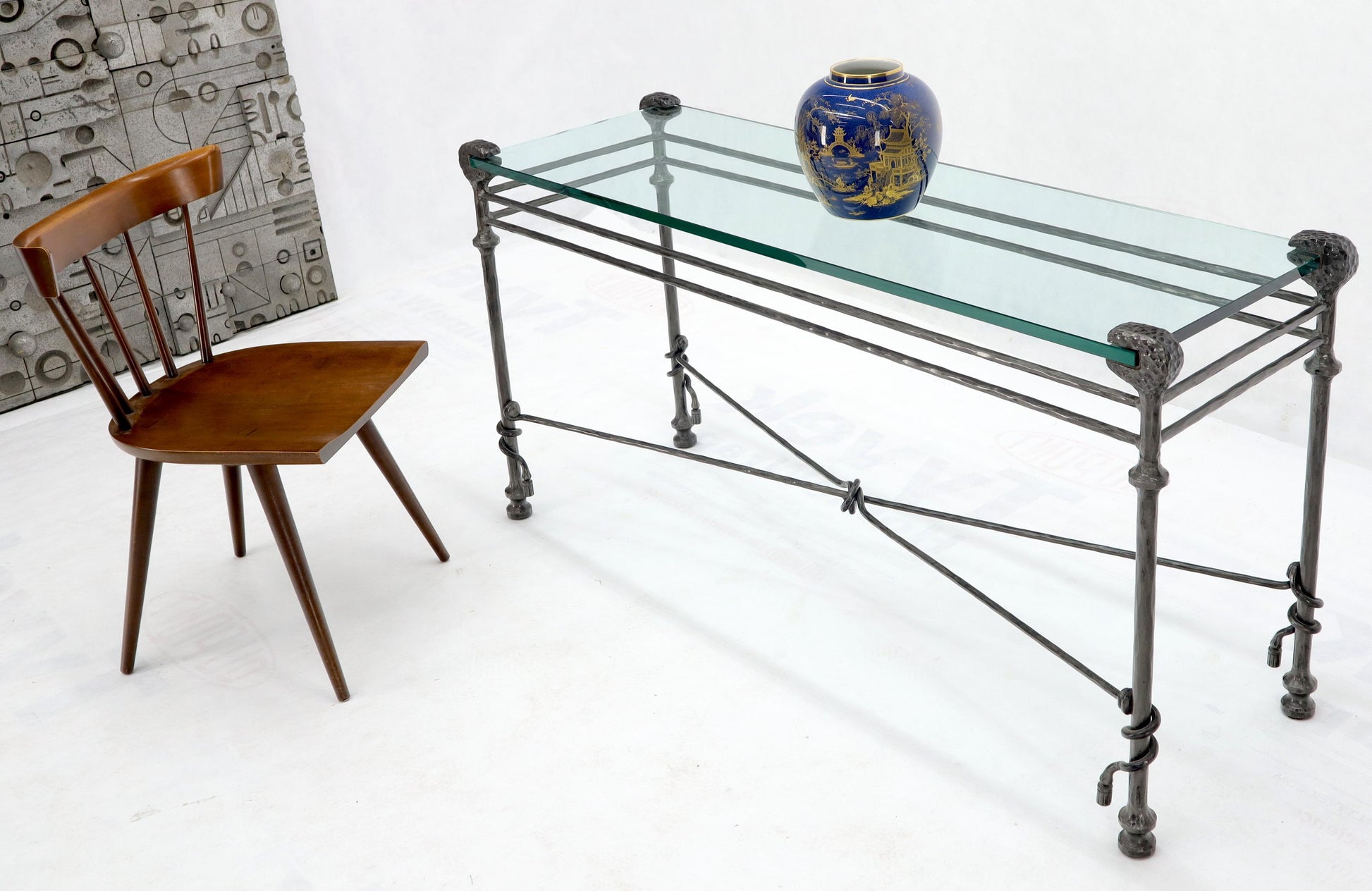 EstablishedLines Hammered Forged Metal Wrought Iron Base 3/4" Glass Top Console Table Giacometti