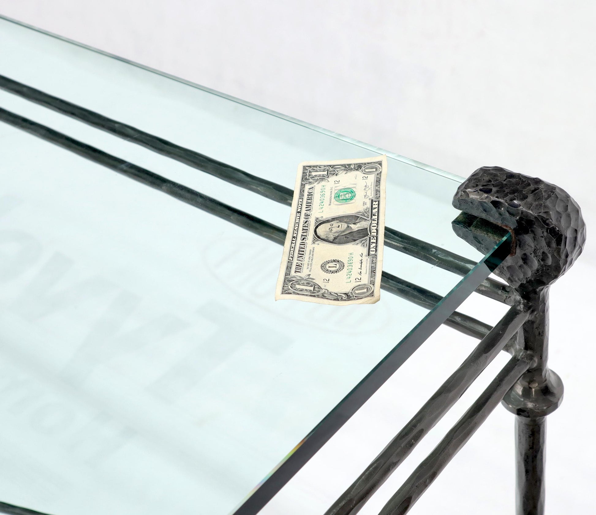 EstablishedLines Hammered Forged Metal Wrought Iron Base 3/4" Glass Top Console Table Giacometti