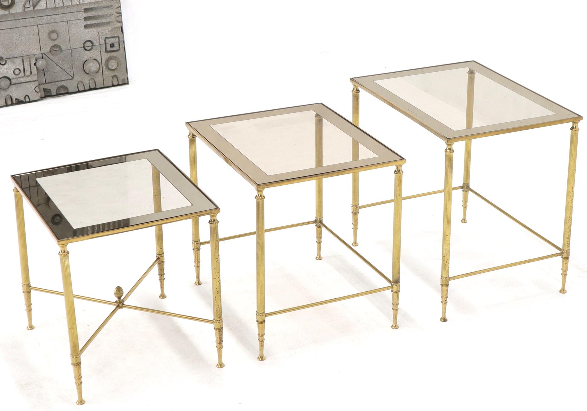 EstablishedLines Set of 3 Brass Mirrored Border Glass Tops Nesting Stacking Tables
