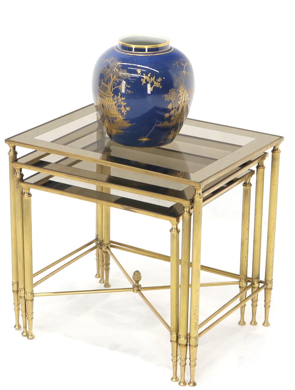 EstablishedLines Set of 3 Brass Mirrored Border Glass Tops Nesting Stacking Tables