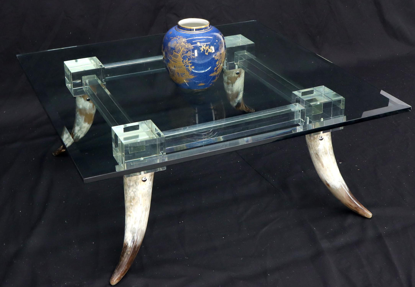 EstablishedLines Bull Horns Shaped to Legs Lucite Stretchers Base Square Glass Top Coffee Table