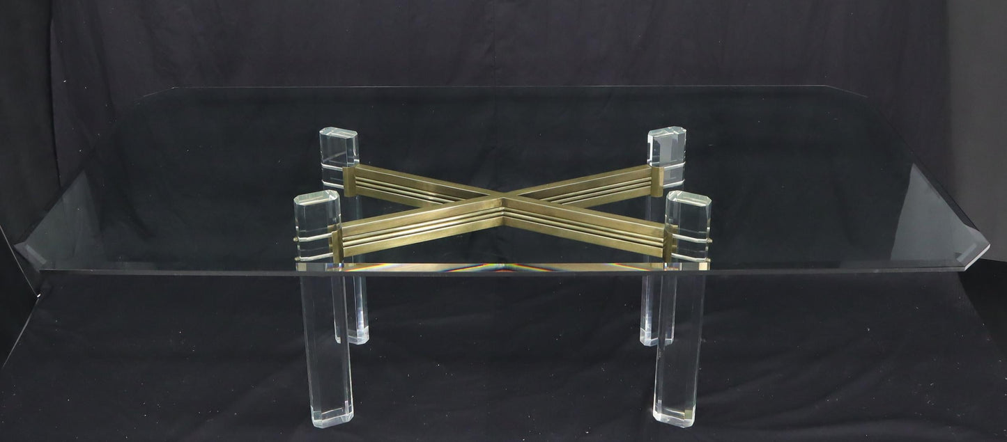 EstablishedLines Large Glass Top Lucite and Brass Base Conference Dining Table atr. Mastercraft