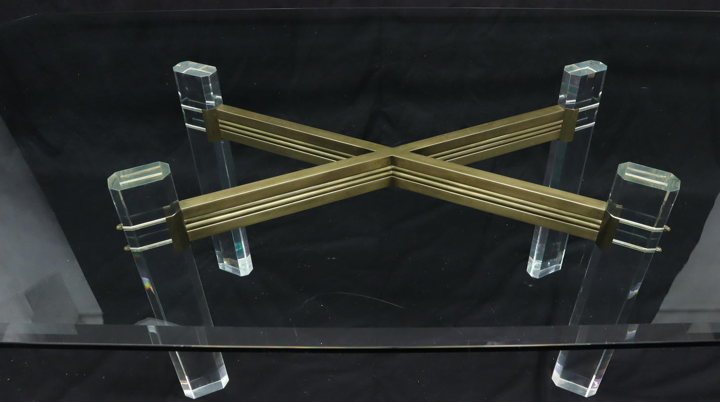 EstablishedLines Large Glass Top Lucite and Brass Base Conference Dining Table atr. Mastercraft