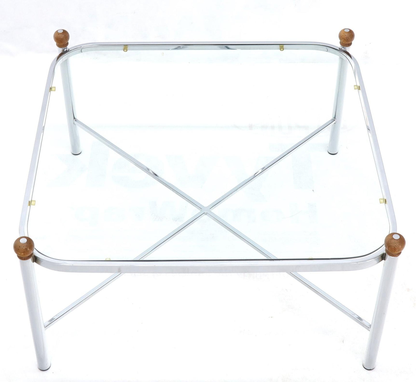 EstablishedLines Square Rounded Corners Wood Finials X-Stretcher Base Chrome Coffee Table