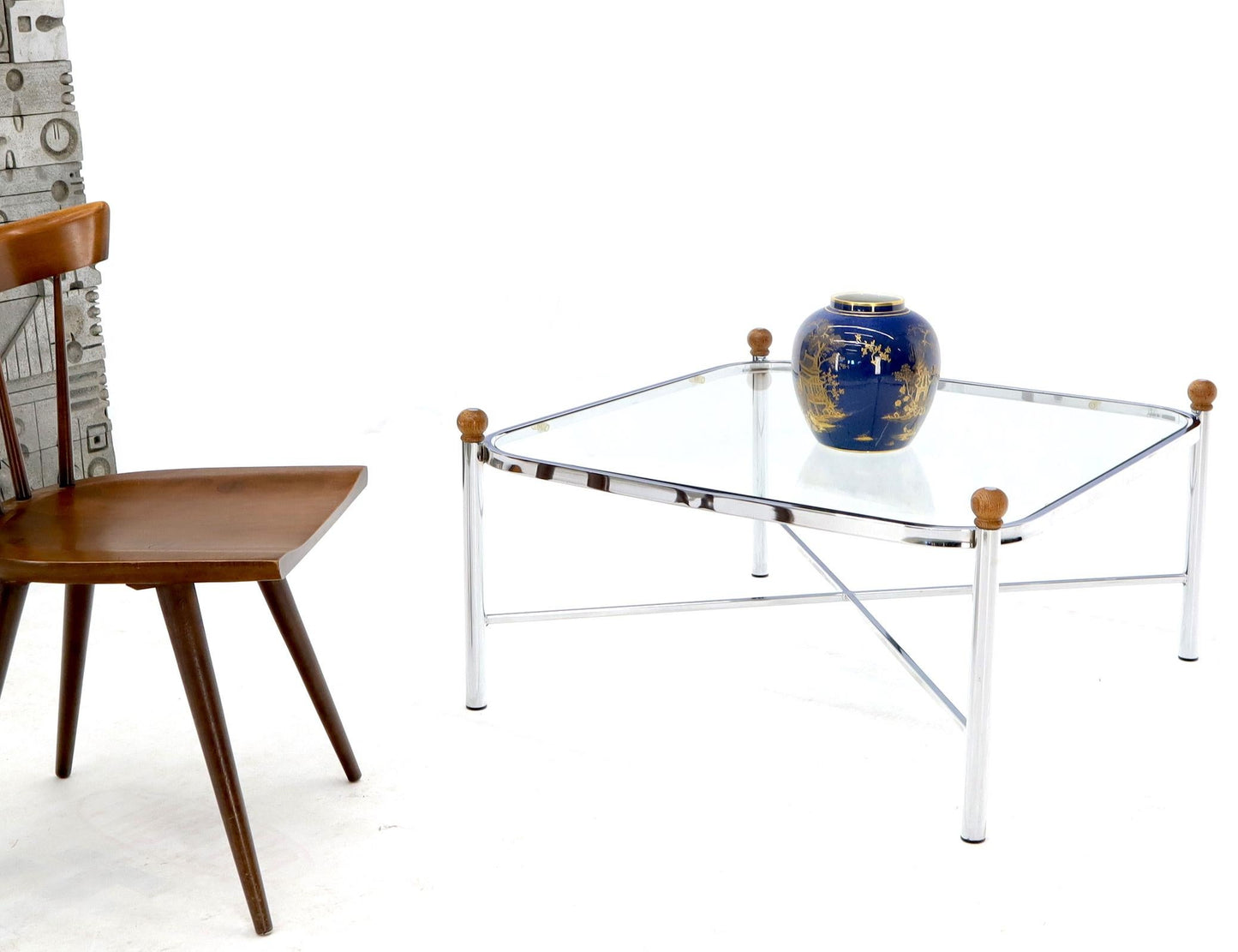 EstablishedLines Square Rounded Corners Wood Finials X-Stretcher Base Chrome Coffee Table