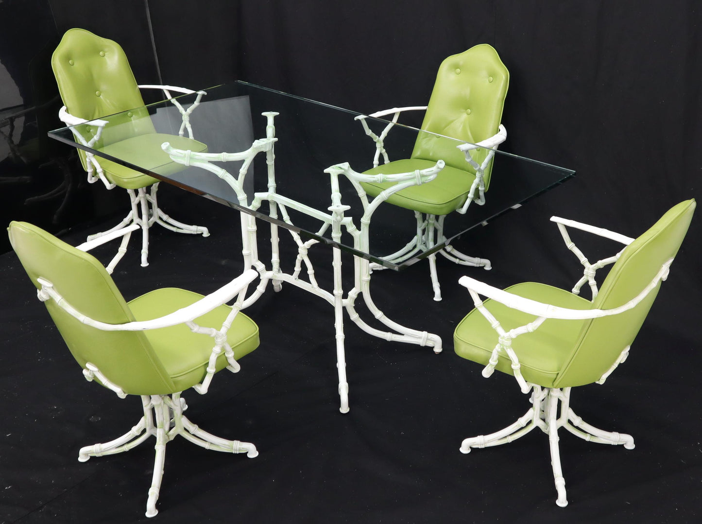 EstablishedLines Cast Aluminum Faux Bamboo Dining Table w/ 4 Matching Chairs Outdoors Green Vinyl
