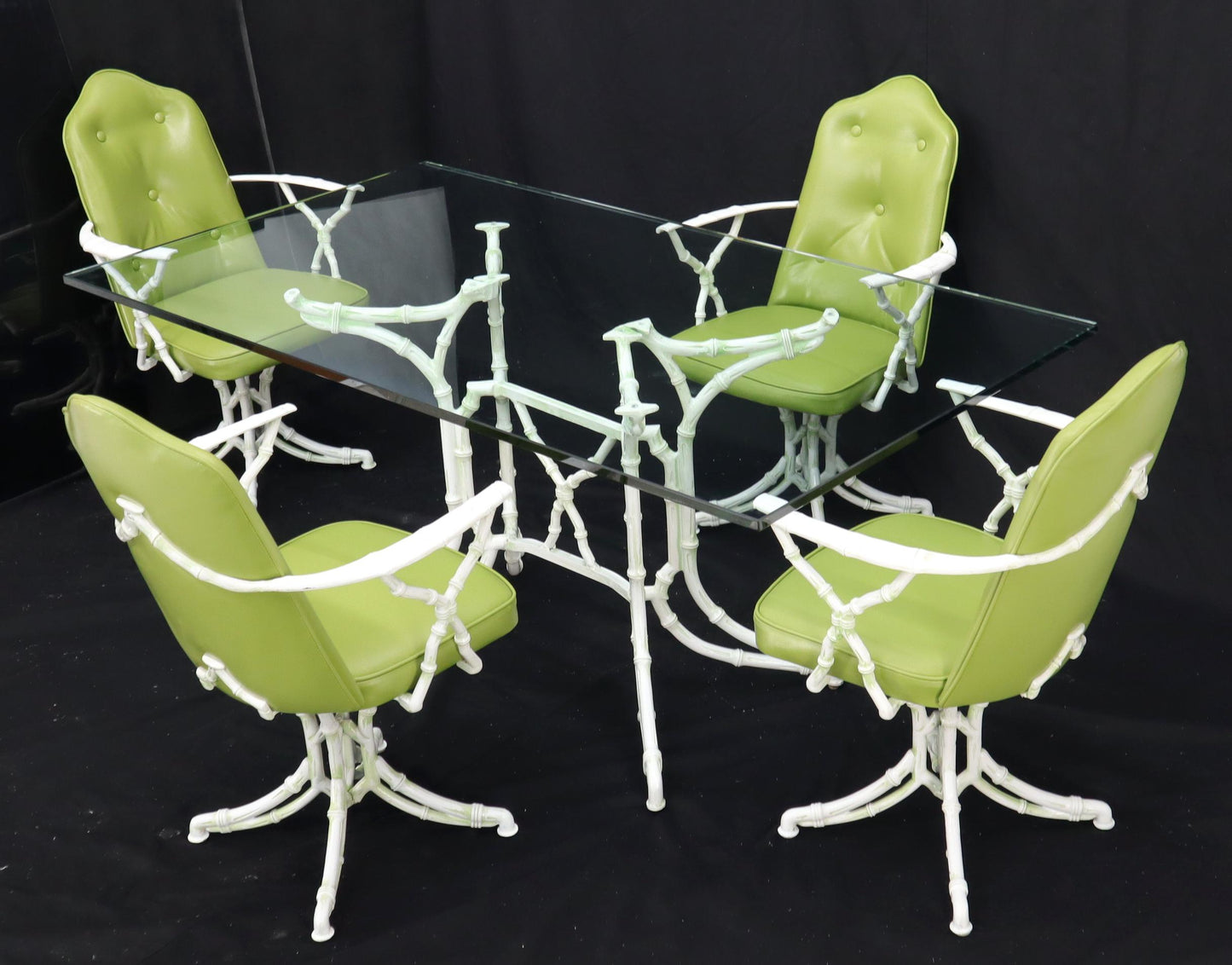 EstablishedLines Cast Aluminum Faux Bamboo Dining Table w/ 4 Matching Chairs Outdoors Green Vinyl